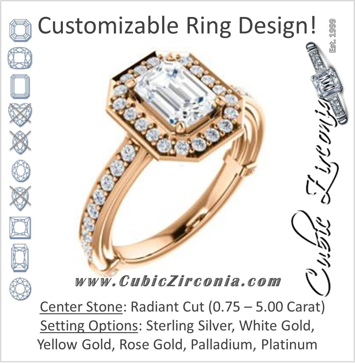 Cubic Zirconia Engagement Ring- The Sally (Customizable Halo-Radiant Cut Design with Round Side Knuckle and Pavé Band Accents)