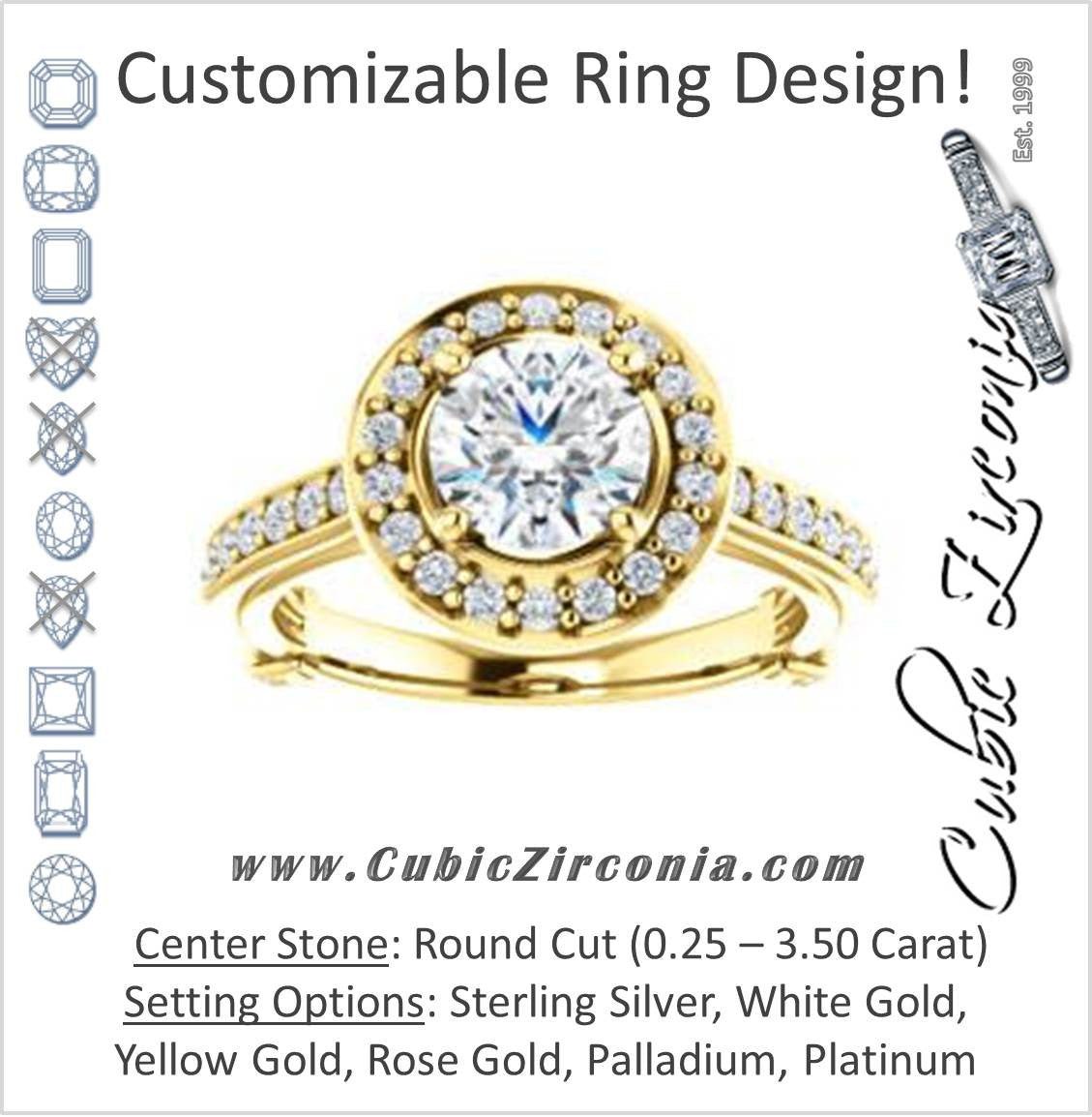Cubic Zirconia Engagement Ring- The Sally (Customizable Halo-Round Cut Design with Round Side Knuckle and Pavé Band Accents)