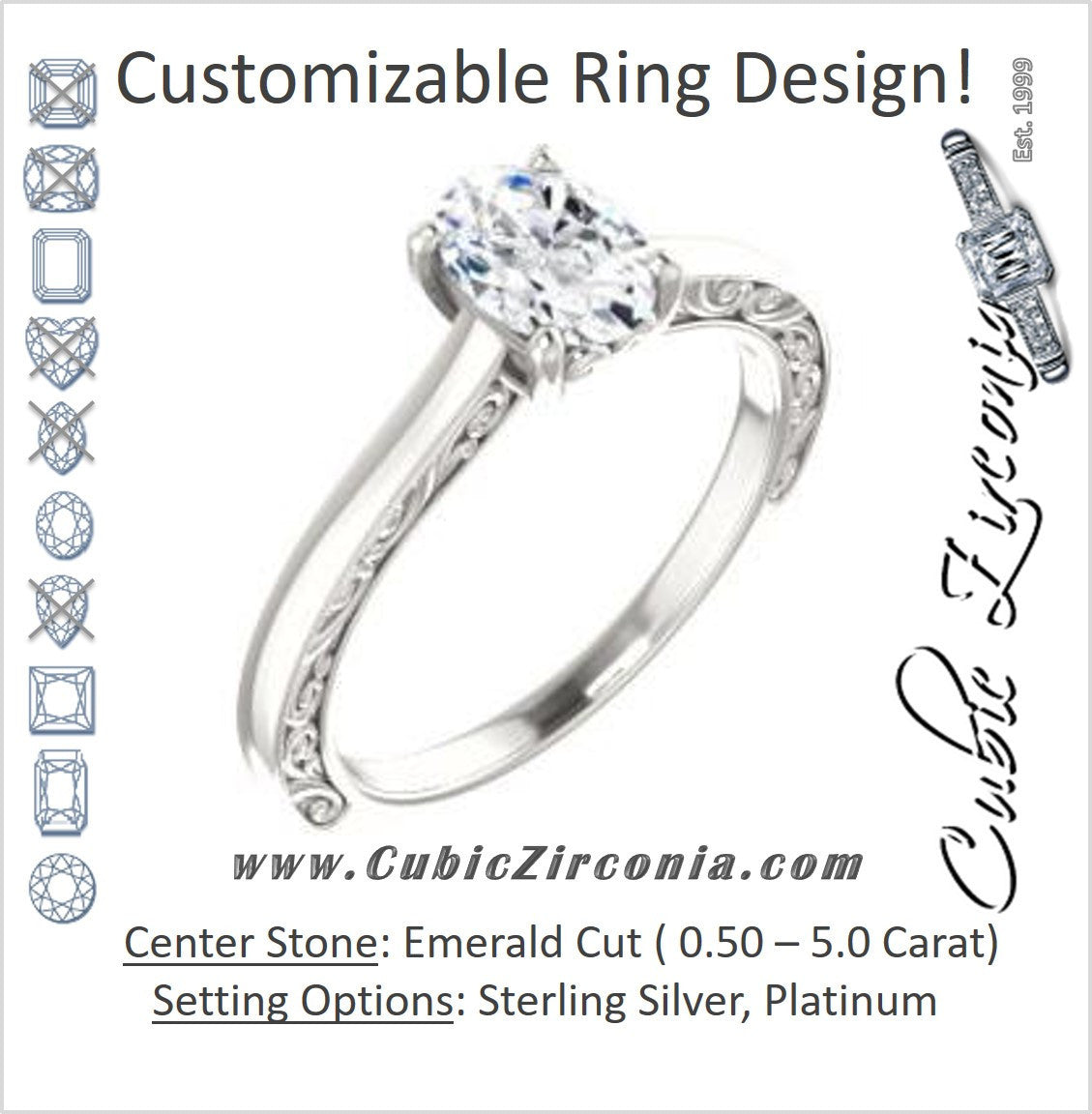 Cubic Zirconia Engagement Ring- The Salome (Customizable Oval Cut Solitaire featuring Band Filigree)