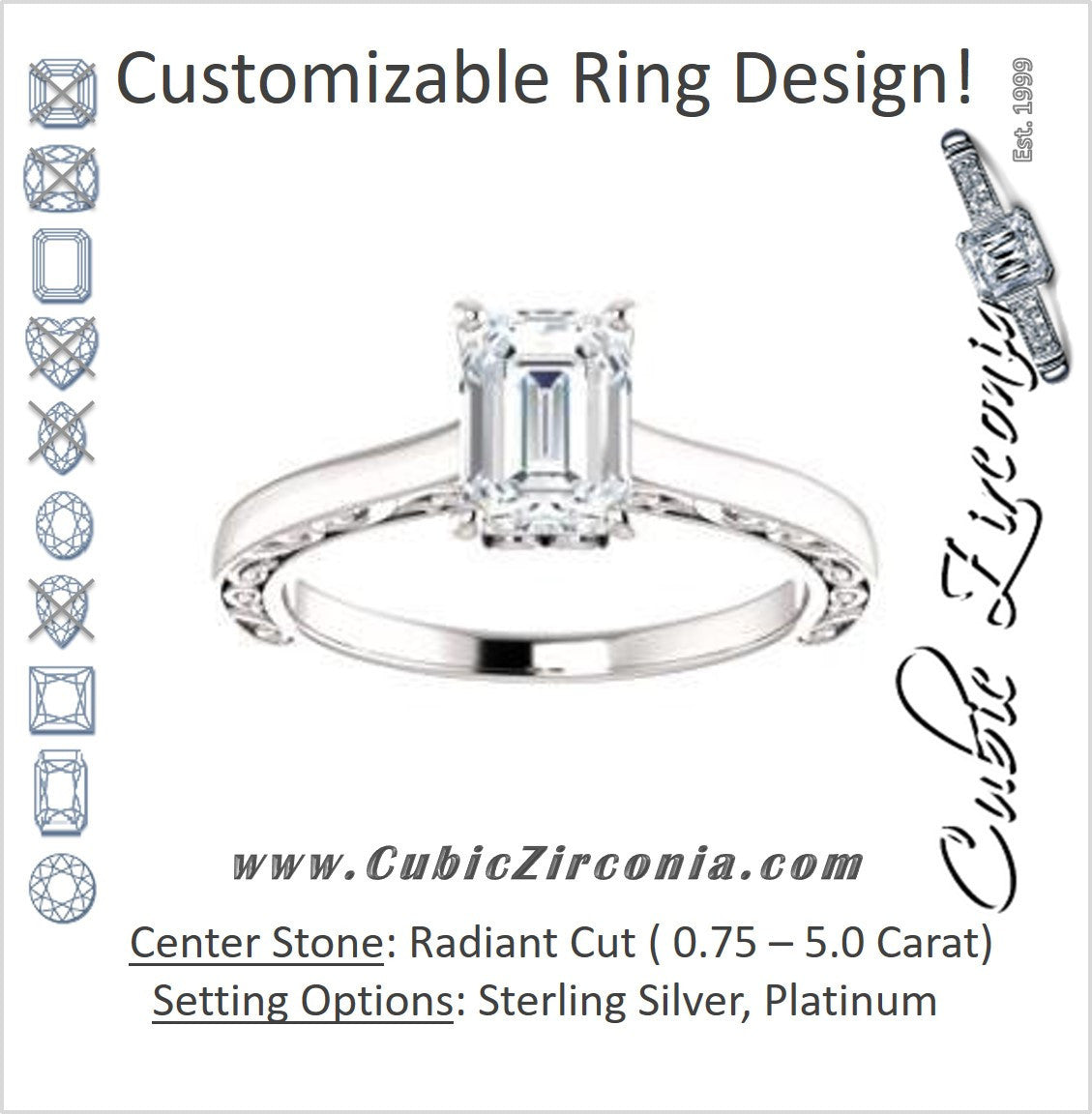 Cubic Zirconia Engagement Ring- The Salome (Customizable Radiant Cut Solitaire featuring Band Filigree)