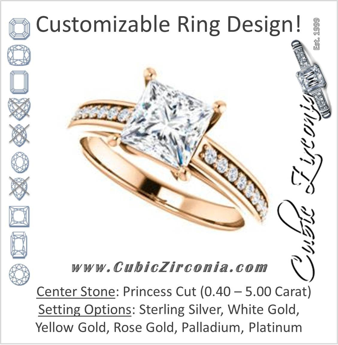 Cubic Zirconia Engagement Ring- The Samantha (Customizable Princess and Cathedral Channel/Prong Band)
