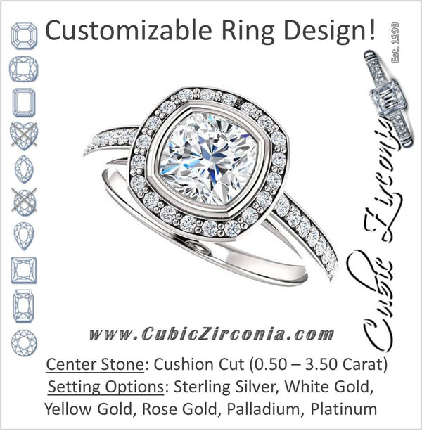 Cubic Zirconia Engagement Ring- The Samira (Customizable Halo-style Cushion Cut with Under-Halo Trellis and Thin Pavé Band)