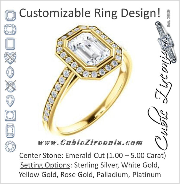 Cubic Zirconia Engagement Ring- The Samira (Customizable Halo-style Emerald Cut with Under-Halo Trellis and Thin Pavé Band)