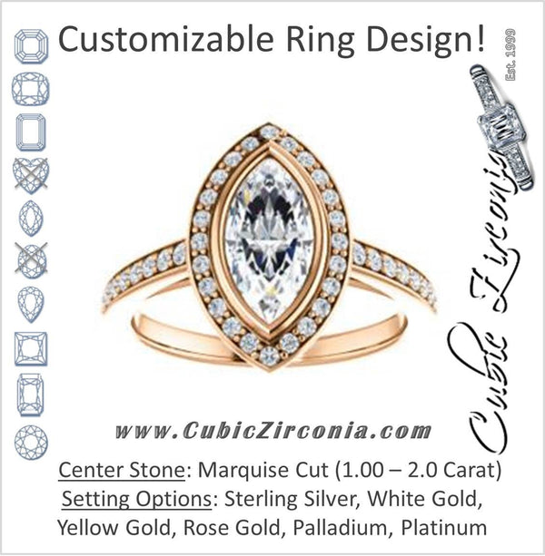 Cubic Zirconia Engagement Ring- The Samira (Customizable Halo-style Marquise Cut with Under-Halo Trellis and Thin Pavé Band)