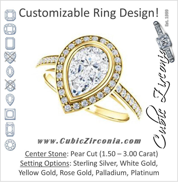Cubic Zirconia Engagement Ring- The Samira (Customizable Halo-style Pear Cut with Under-Halo Trellis and Thin Pavé Band)