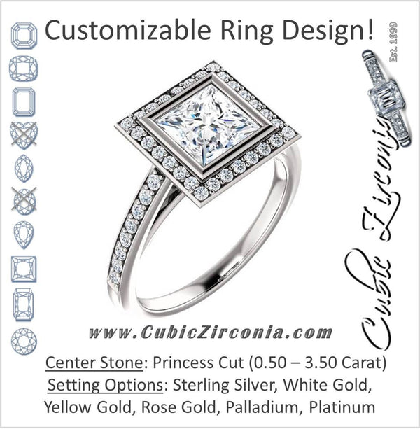 Cubic Zirconia Engagement Ring- The Samira (Customizable Halo-style Princess Cut with Under-Halo Trellis and Thin Pavé Band)
