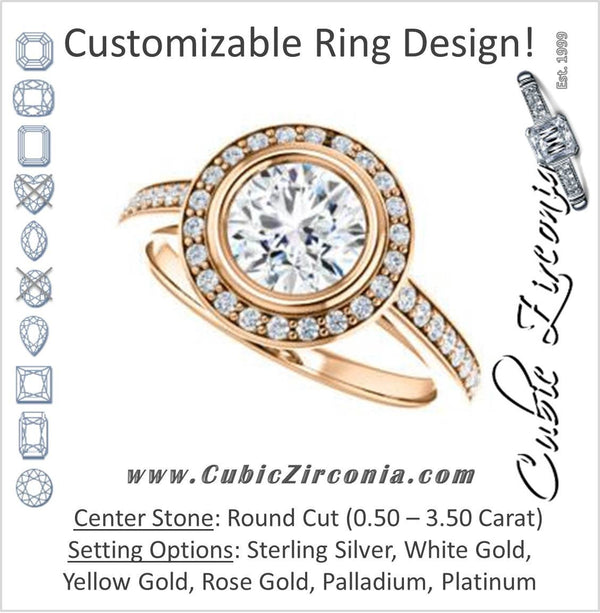Cubic Zirconia Engagement Ring- The Samira (Customizable Halo-style Round Cut with Under-Halo Trellis and Thin Pavé Band)