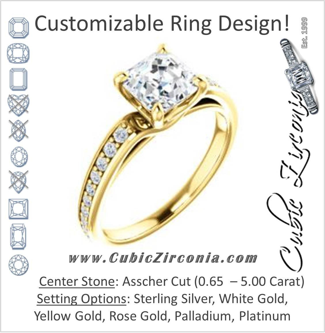Cubic Zirconia Engagement Ring- The Sashalle (Customizable Cathedral-Raised Asscher Cut Design with Tapered Pavé Band)
