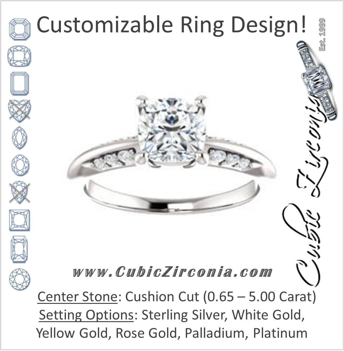 Cubic Zirconia Engagement Ring- The Savannah (Customizable Cushion Cut Artisan Design with Knife-Edged, Inset-Accent 3-sided Band)
