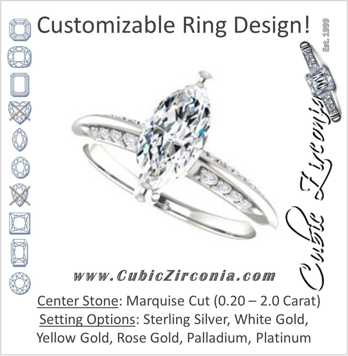 Cubic Zirconia Engagement Ring- The Savannah (Customizable Marquise Cut Artisan Design with Knife-Edged, Inset-Accent 3-sided Band)
