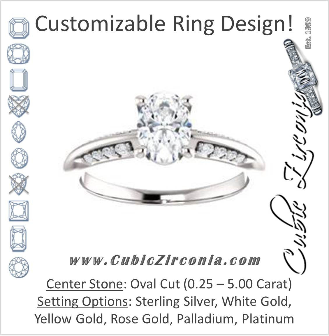 Cubic Zirconia Engagement Ring- The Savannah (Customizable Oval Cut Artisan Design with Knife-Edged, Inset-Accent 3-sided Band)