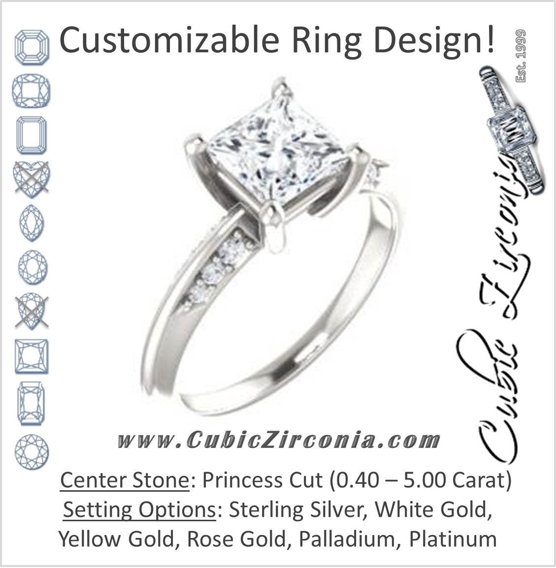 Cubic Zirconia Engagement Ring- The Savannah (Customizable Princess Cut Artisan Design with Knife-Edged, Inset-Accent 3-sided Band)