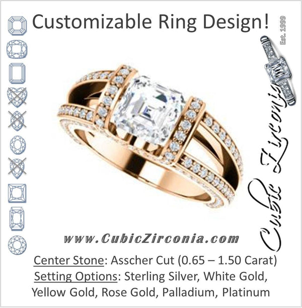 Cubic Zirconia Engagement Ring- The Scarlett (Asscher Cut with Prong-Accented Bar Basket and Split Pavé Band)