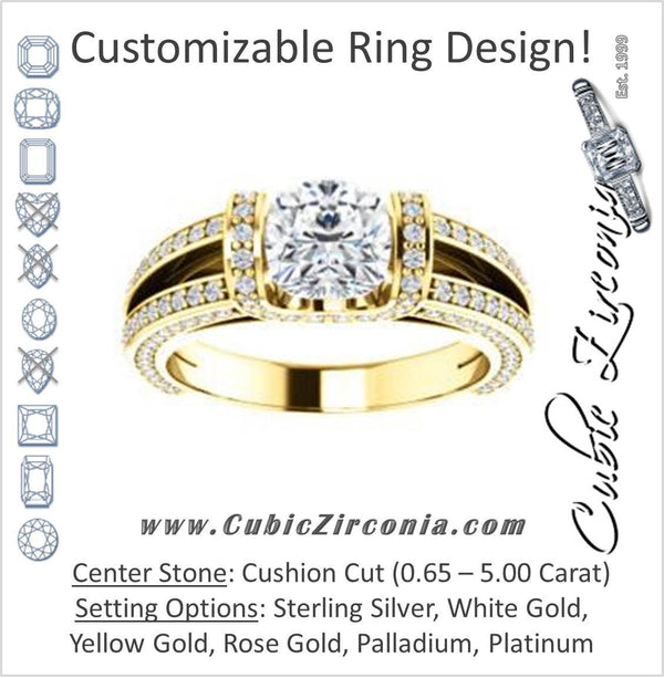 Cubic Zirconia Engagement Ring- The Scarlett (Cushion Cut with Prong-Accented Bar Basket and Split Pavé Band)