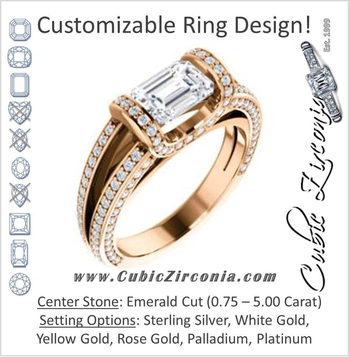 Cubic Zirconia Engagement Ring- The Scarlett (Emerald Cut with Prong-Accented Bar Basket and Split Pavé Band)