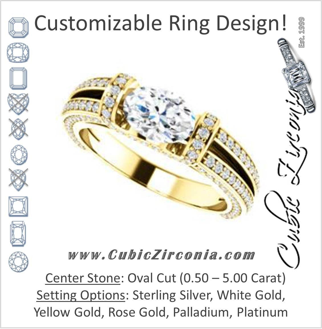 Cubic Zirconia Engagement Ring- The Scarlett (Oval Cut with Prong-Accented Bar Basket and Split Pavé Band)