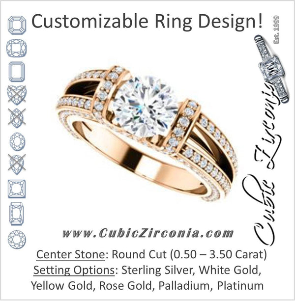 Cubic Zirconia Engagement Ring- The Scarlett (Round Cut with Prong-Accented Bar Basket and Split Pavé Band)