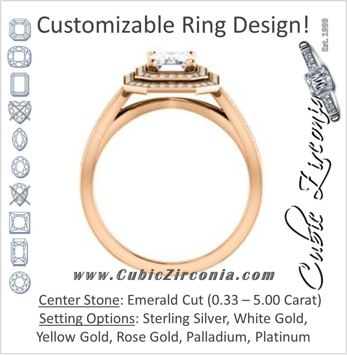 Cubic Zirconia Engagement Ring- The Shannan (Customizable Cathedral-set Emerald Cut 2x Halo with Split-Pavé Band)