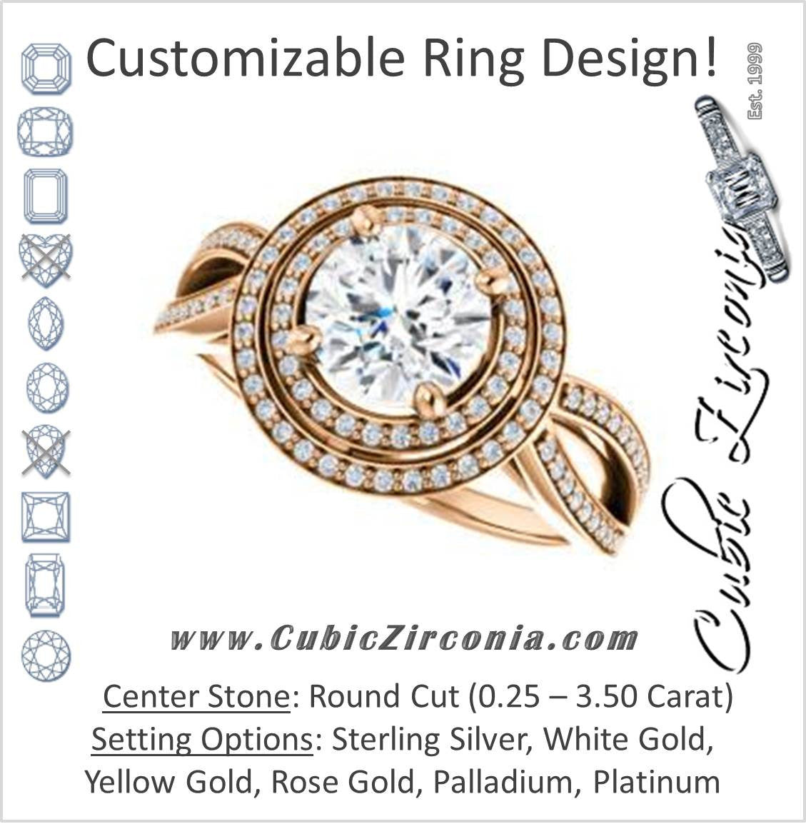 Cubic Zirconia Engagement Ring- The Shannan (Customizable Cathedral-set Round Cut 2x Halo with Split-Pavé Band)