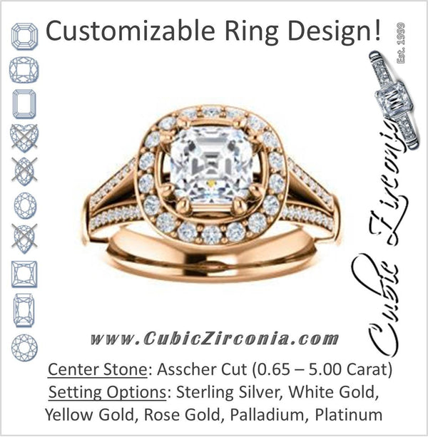 Cubic Zirconia Engagement Ring- The Shaundra (Customizable Asscher Cut with Halo, Cathedral Prong Accents & Split-Pavé Band)