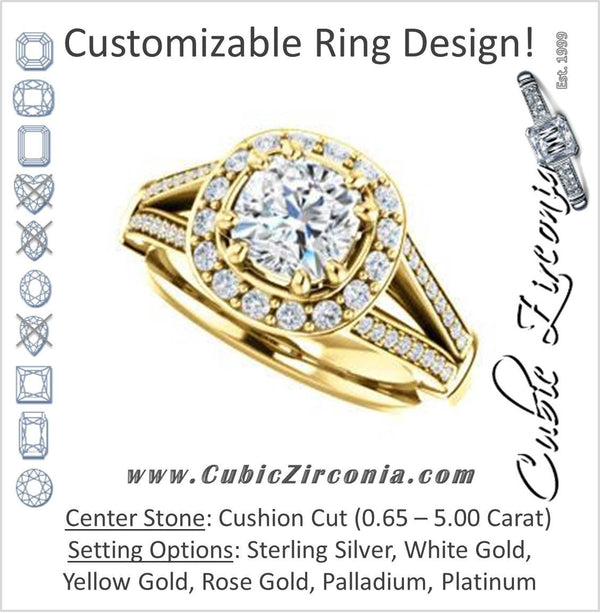 Cubic Zirconia Engagement Ring- The Shaundra (Customizable Cushion Cut with Halo, Cathedral Prong Accents & Split-Pavé Band)