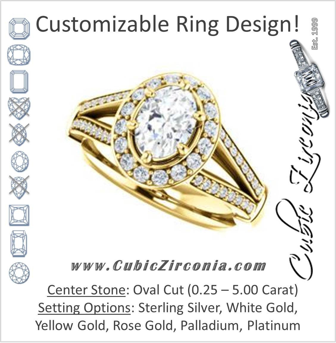 Cubic Zirconia Engagement Ring- The Shaundra (Customizable Oval Cut with Halo, Cathedral Prong Accents & Split-Pavé Band)