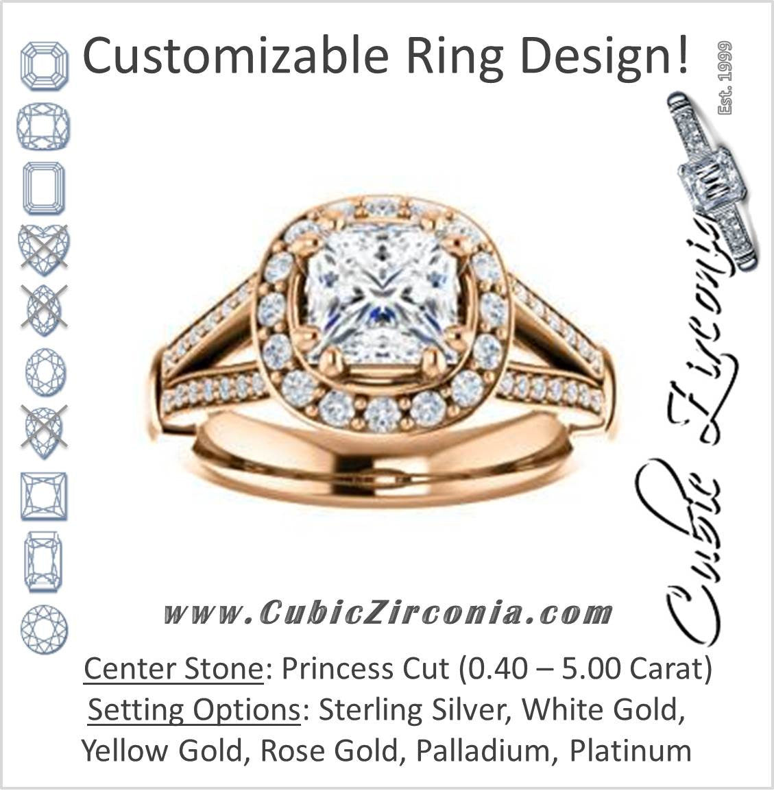Cubic Zirconia Engagement Ring- The Shaundra (Customizable Princess Cut with Halo, Cathedral Prong Accents & Split-Pavé Band)