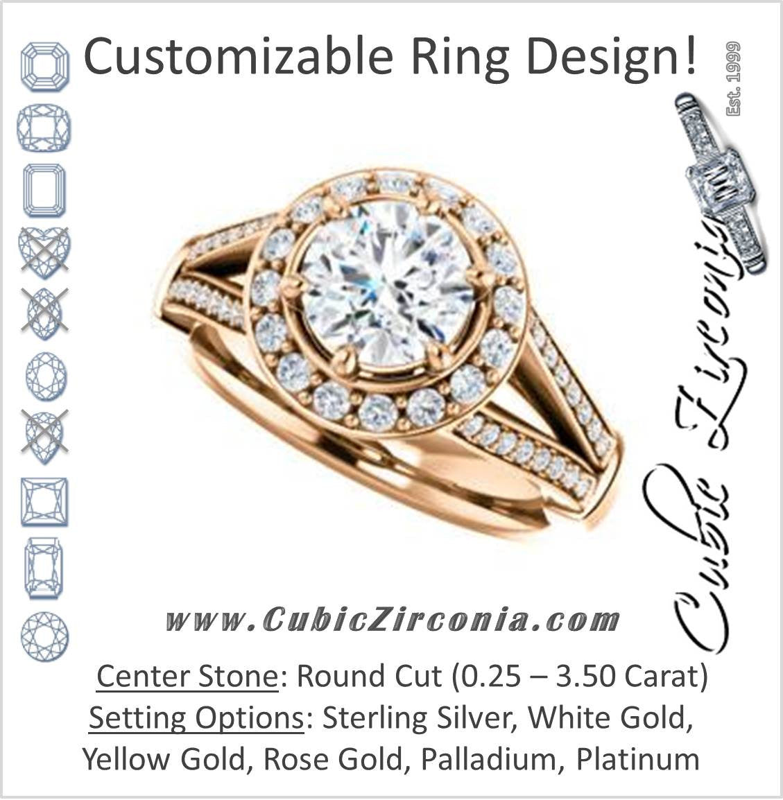 Cubic Zirconia Engagement Ring- The Shaundra (Customizable Round Cut with Halo, Cathedral Prong Accents & Split-Pavé Band)