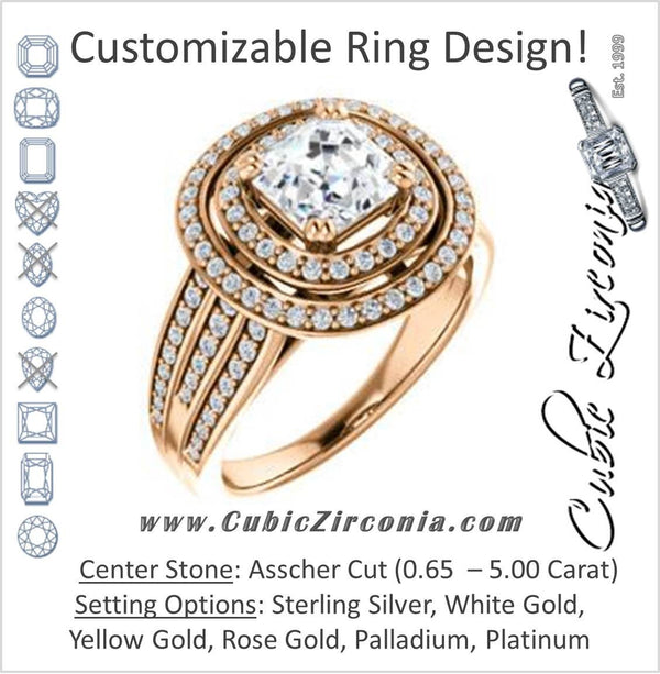 Cubic Zirconia Engagement Ring- The Shay (Customizable Asscher Cut Ultra-wide w/ Double-Halo and Triple-Pavé Band)