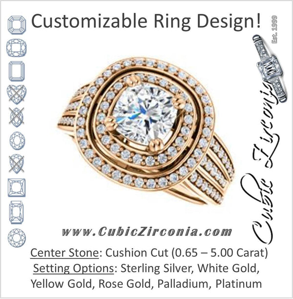 Cubic Zirconia Engagement Ring- The Shay (Customizable Cushion Cut Ultra-wide w/ Double-Halo and Triple-Pavé Band)