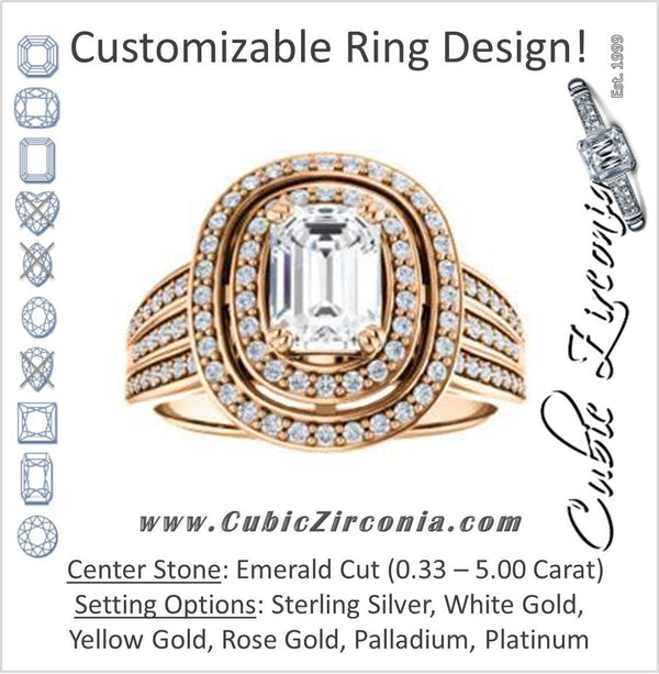 Cubic Zirconia Engagement Ring- The Shay (Customizable Emerald Cut Ultra-wide w/ Double-Halo and Triple-Pavé Band)