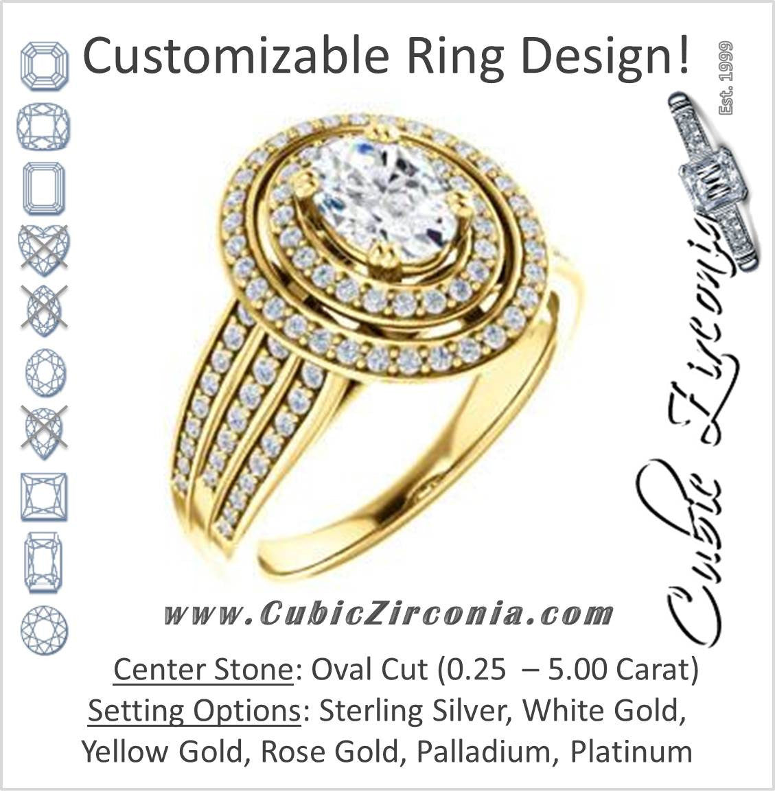 Cubic Zirconia Engagement Ring- The Shay (Customizable Oval Cut Ultra-wide w/ Double-Halo and Triple-Pavé Band)