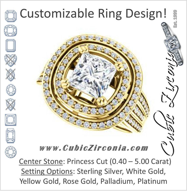 Cubic Zirconia Engagement Ring- The Shay (Customizable Princess Cut Ultra-wide w/ Double-Halo and Triple-Pavé Band)