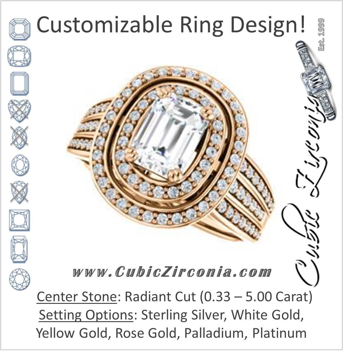 Cubic Zirconia Engagement Ring- The Shay (Customizable Radiant Cut Ultra-wide w/ Double-Halo and Triple-Pavé Band)