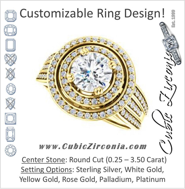 Cubic Zirconia Engagement Ring- The Shay (Customizable Round Cut Ultra-wide w/ Double-Halo and Triple-Pavé Band)