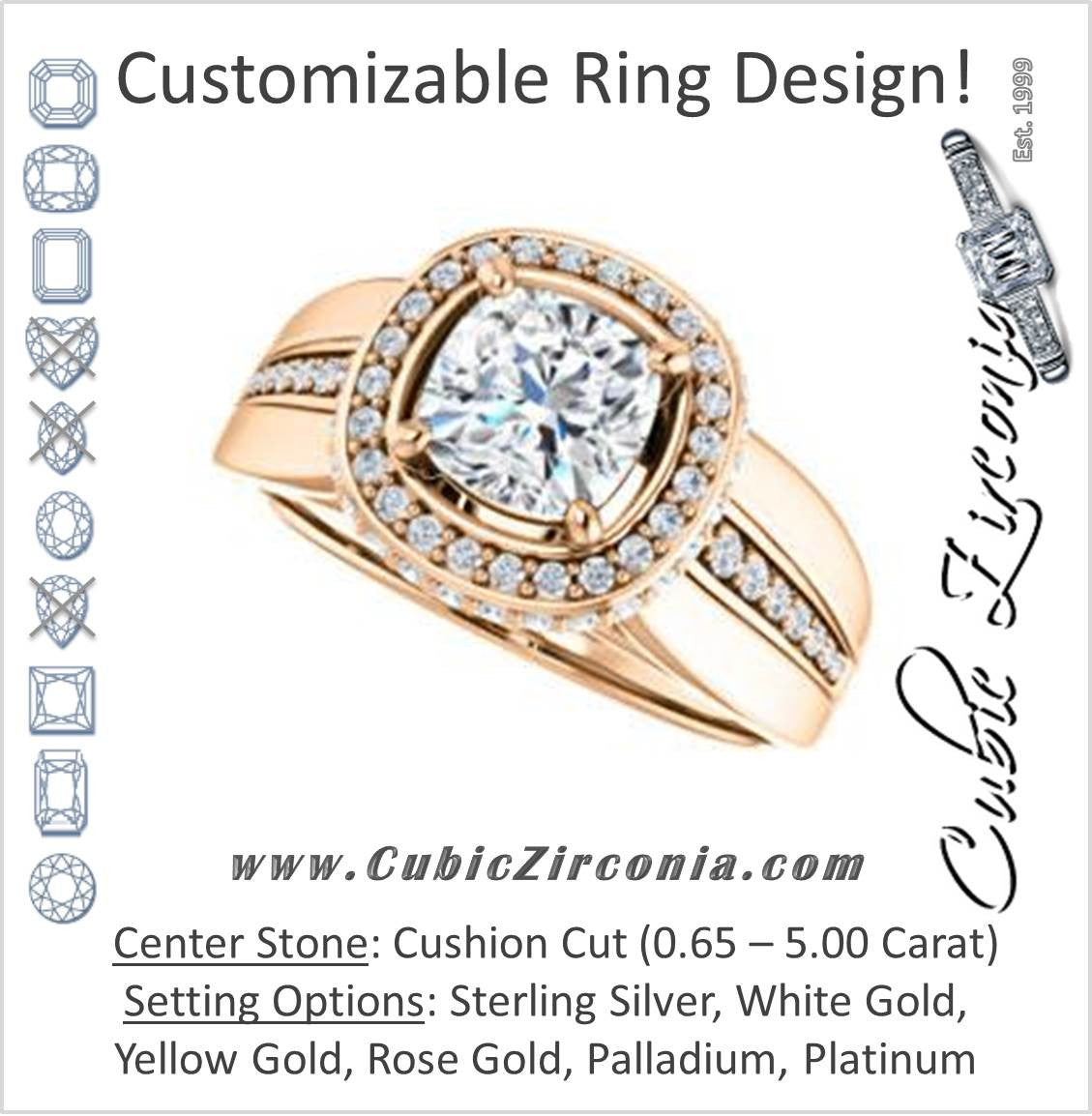 Cubic Zirconia Engagement Ring- The Siri (Customizable Cushion Cut Design featuring Halo & Underhalo Plus Wide Accented Band)