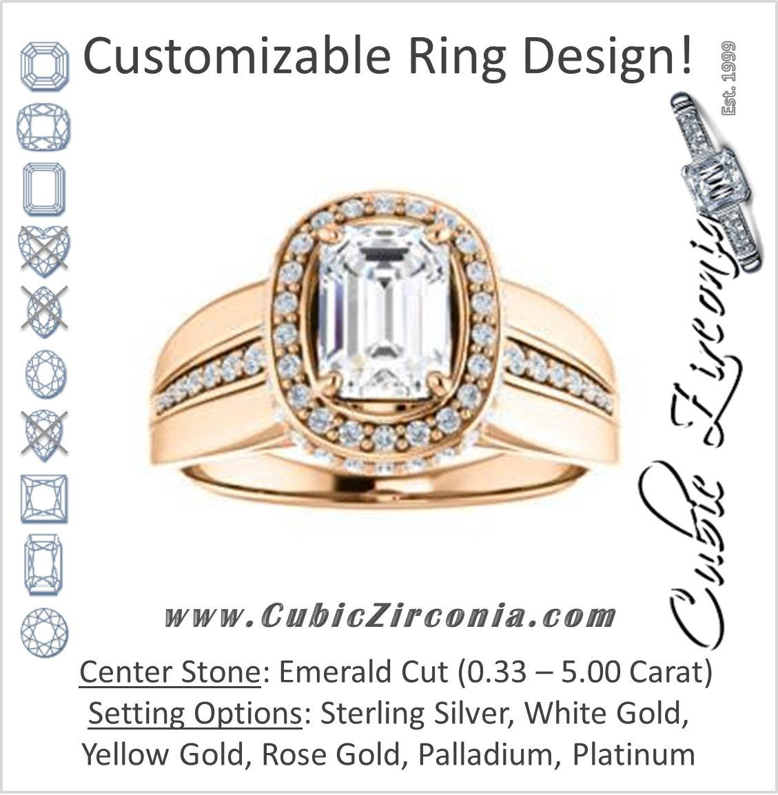 Cubic Zirconia Engagement Ring- The Siri (Customizable Emerald Cut Design featuring Halo & Underhalo Plus Wide Accented Band)