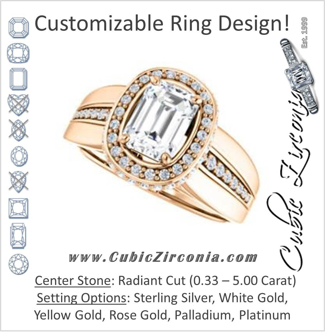 Cubic Zirconia Engagement Ring- The Siri (Customizable Radiant Cut Design featuring Halo & Underhalo Plus Wide Accented Band)