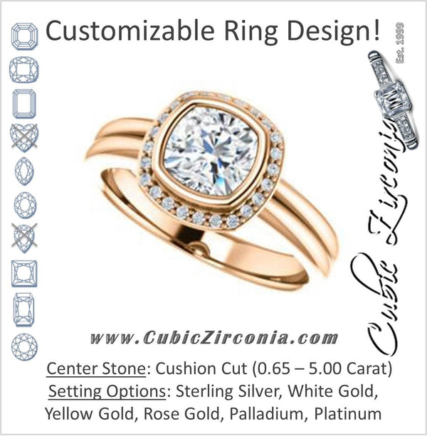 Cubic Zirconia Engagement Ring- The Sloan (Bezel Style Halo and Customizable Cushion Cut Center Stone)