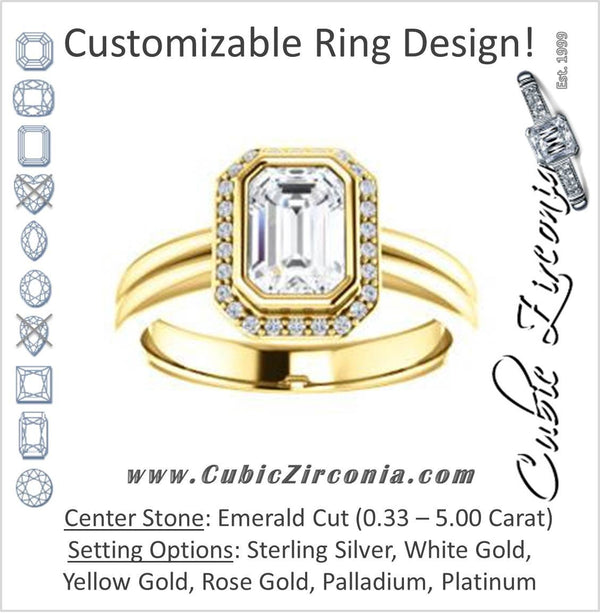 Cubic Zirconia Engagement Ring- The Sloan (Bezel Style Halo and Customizable Emerald Cut Center Stone)