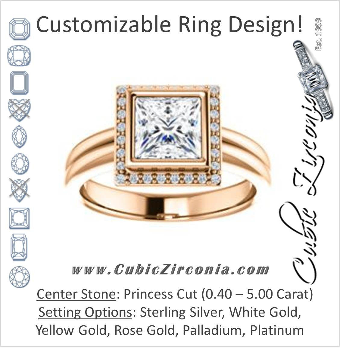 Cubic Zirconia Engagement Ring- The Sloan (Bezel Style Halo and Customizable Princess Cut Center Stone)
