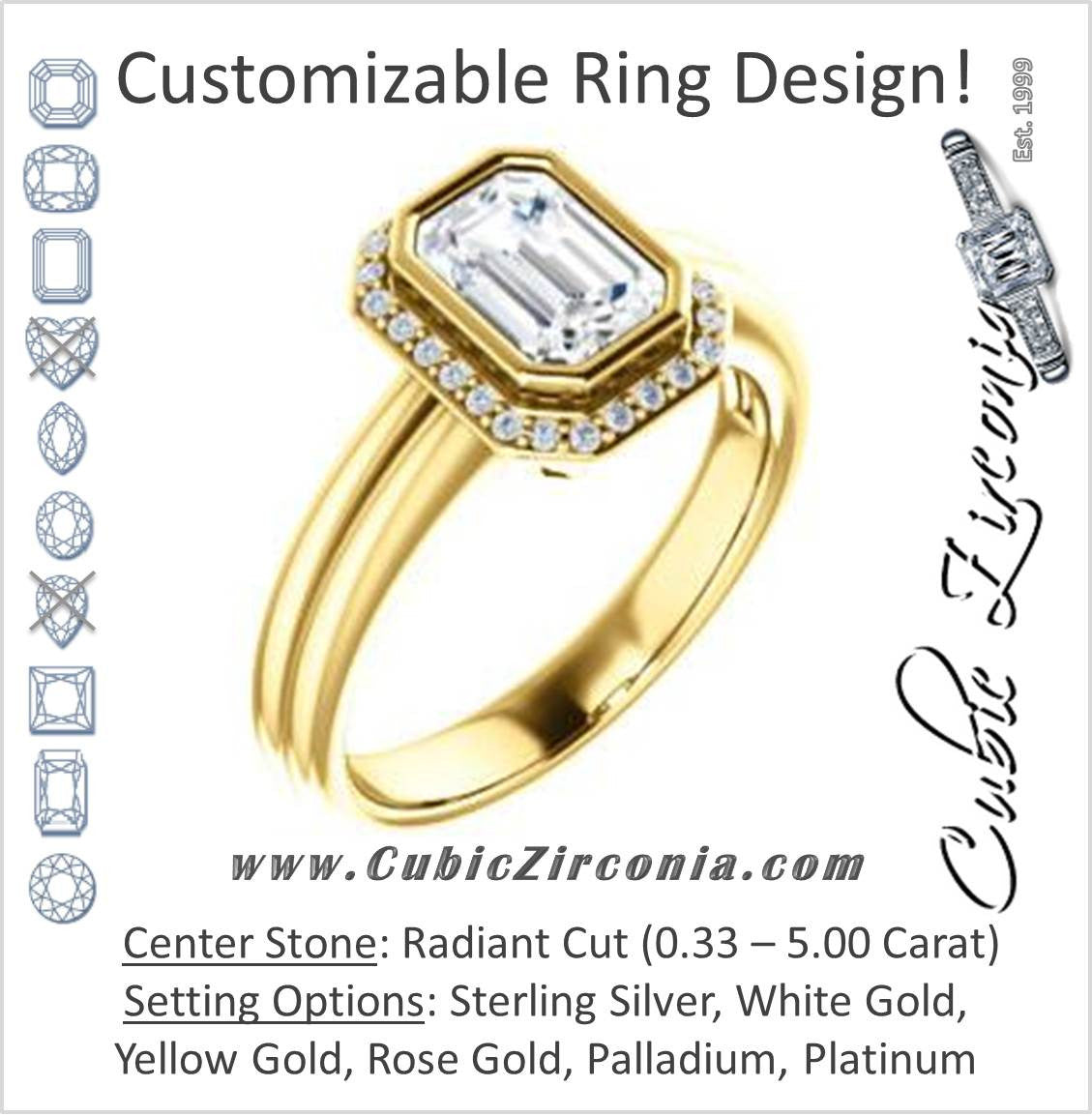 Cubic Zirconia Engagement Ring- The Sloan (Bezel Style Halo and Customizable Radiant Cut Center Stone)