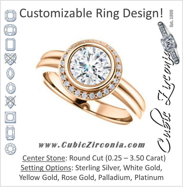 Cubic Zirconia Engagement Ring- The Sloan (Bezel Style Halo and Customizable Round Cut Center Stone)