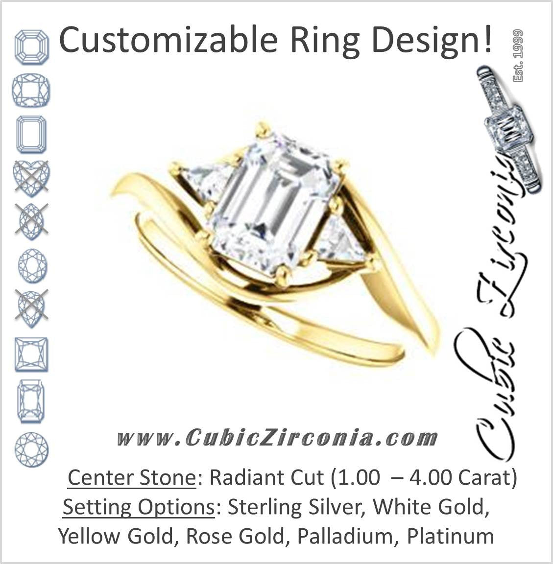 Cubic Zirconia Engagement Ring- The Sophie (Customizable 3-stone Twisting Bypass Style with Radiant Cut Center and Triangle Accents)