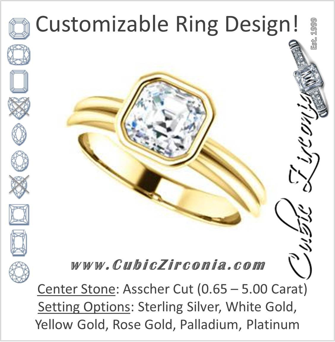 Cubic Zirconia Engagement Ring- The Stacie (Customizable Bezel-set Asscher Cut Solitaire with Grooved Band)