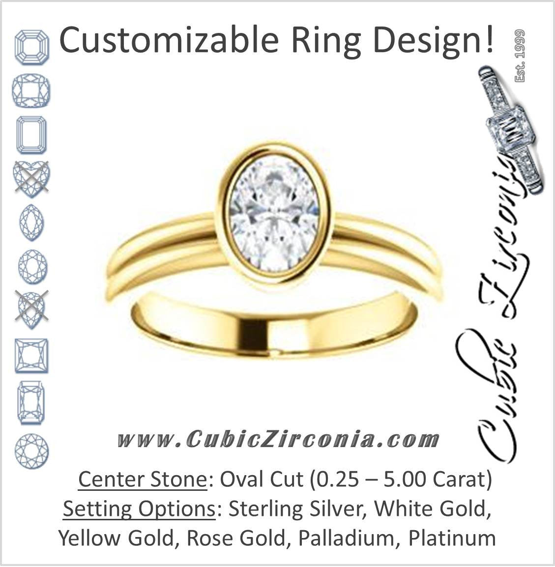 Cubic Zirconia Engagement Ring- The Stacie (Customizable Bezel-set Oval Cut Solitaire with Grooved Band)