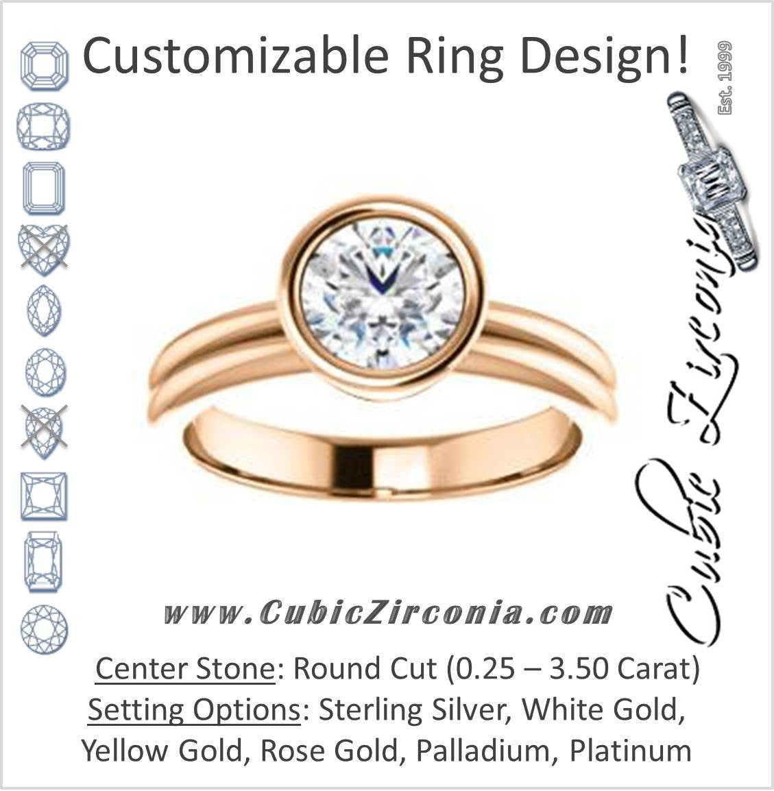 Cubic Zirconia Engagement Ring- The Stacie (Customizable Bezel-set Round Cut Solitaire with Grooved Band)