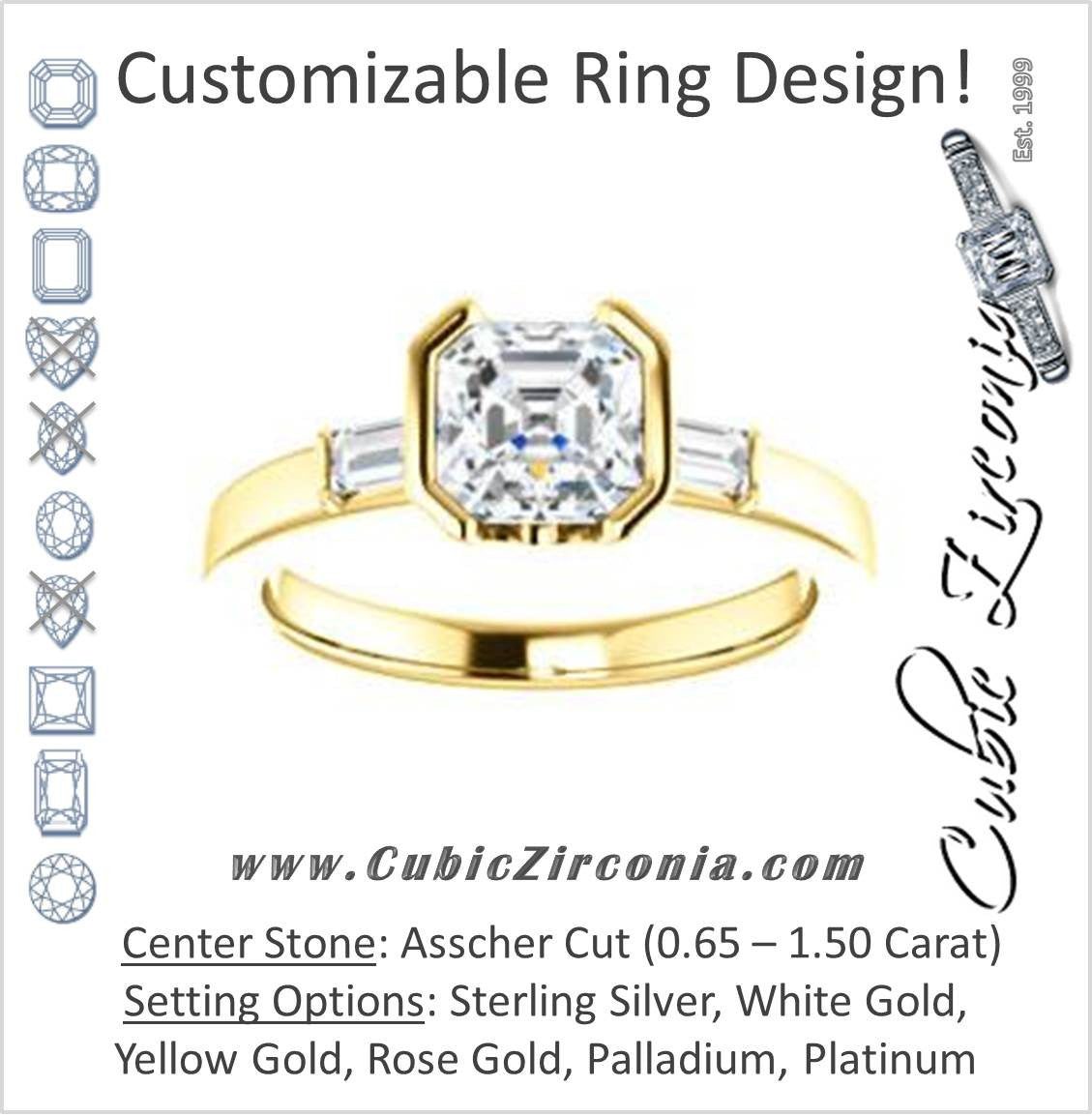 Cubic Zirconia Engagement Ring- The Stephanie (Customizable Bezel-set Asscher Cut 3-stone with Baguette Accents)