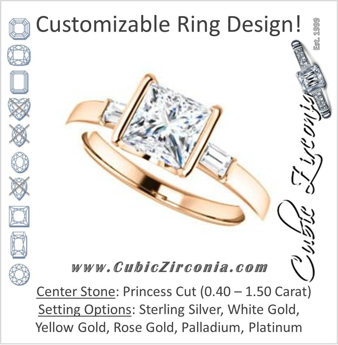 Cubic Zirconia Engagement Ring- The Stephanie (Customizable Bezel-set Princess Cut 3-stone with Baguette Accents)
