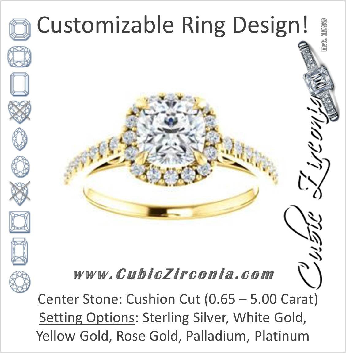 Cubic Zirconia Engagement Ring- The Sunshine (Customizable Cushion Cut Halo Design with Vintage Cathedral Trellis and Thin Pavé Band)